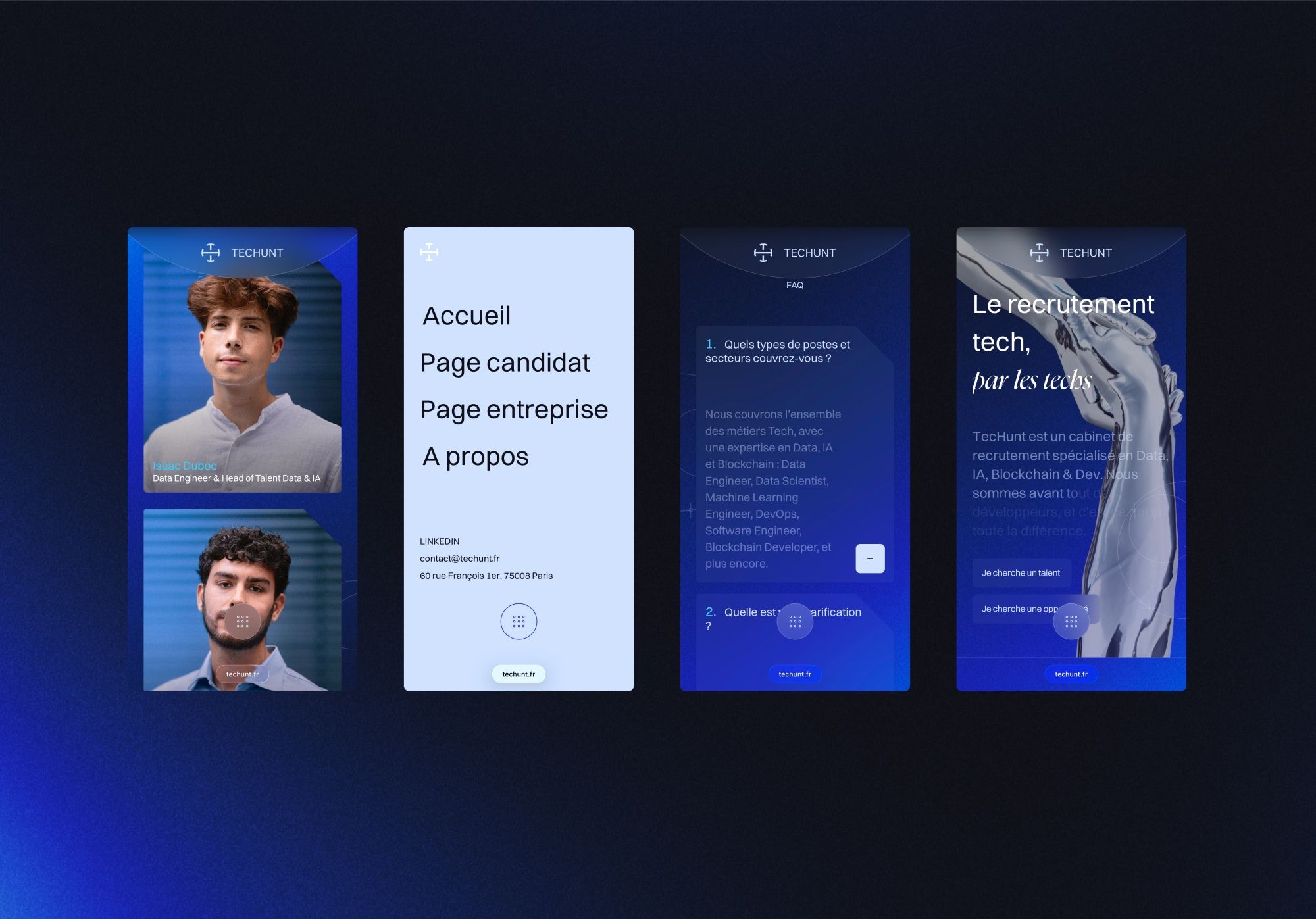 4 écrans de la version mobile de Techunt